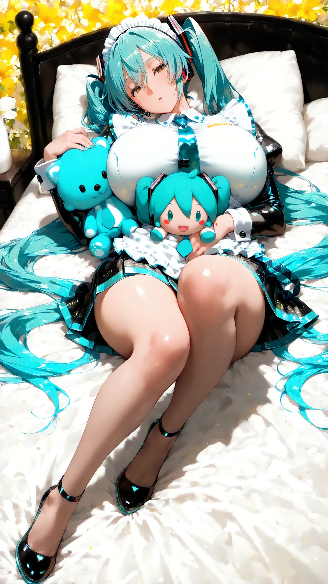 Aqua Konosuba, (maid costume, белые stockings, White gloves, blue corset, white lace panties, garters, stockings), Long legs, Nice ass, round ass, (crawls on all fours:1.2), back view, (Focus of the anus:1.3)，masterpiece，8 thousand., and the sun was shining brightly，sexy pose, on the bed