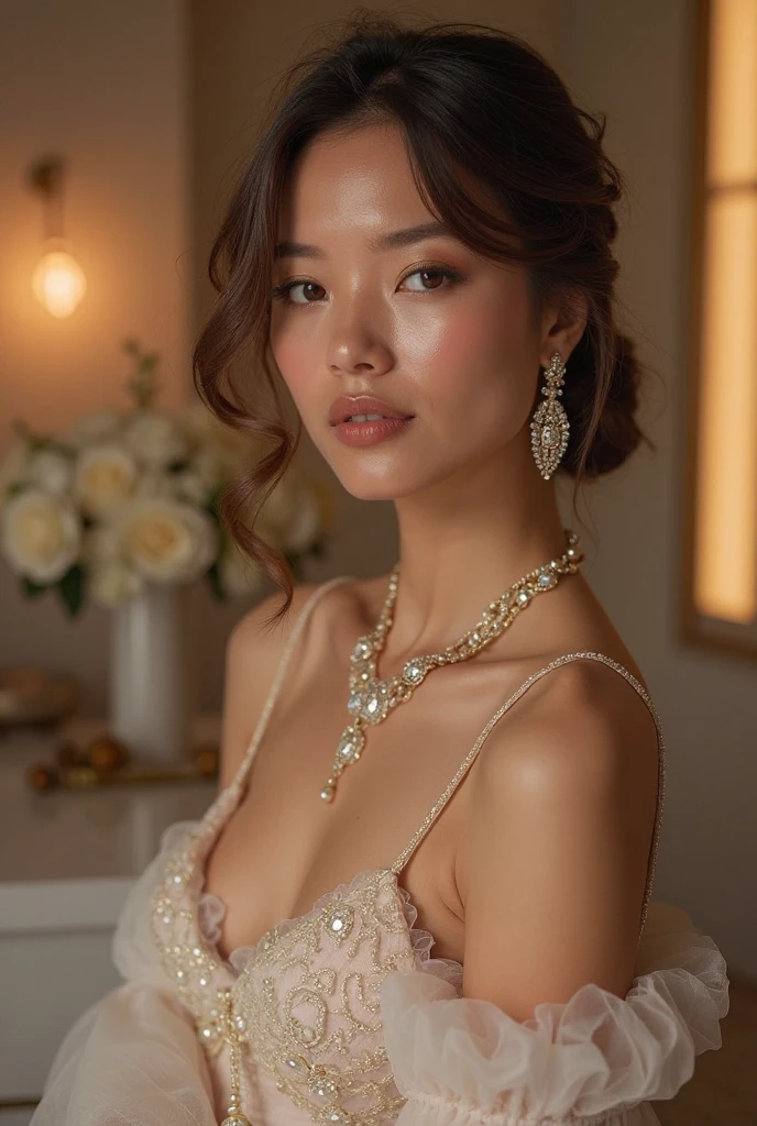 1 girl,8k, masterpiece,on bed, small Diamond necklace,black and white sexy wedding dress,cleavage of the breast,Medium breasts,White skin glows,look at viewer