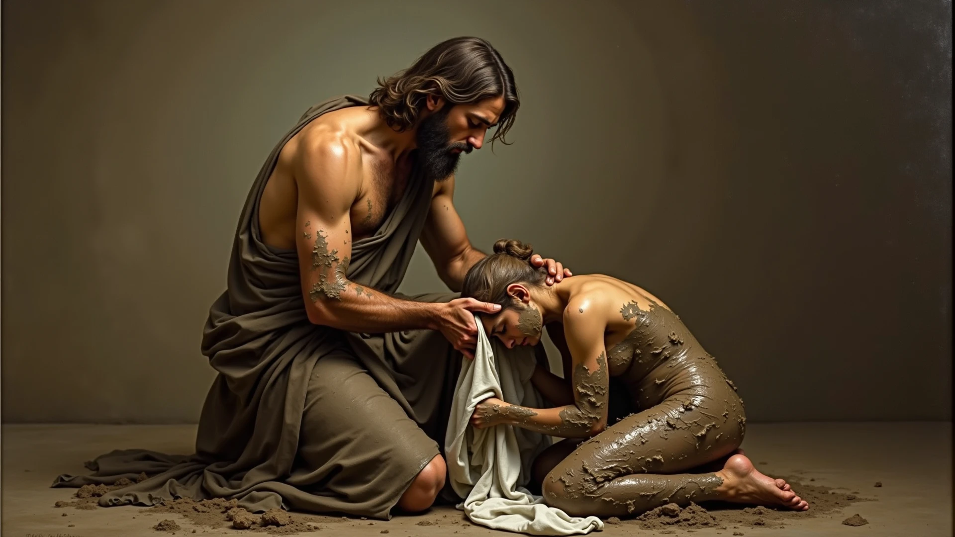 From behind, a thin Arab boy, , fair skinned, a young man holds the boy's chest, and from behind pours oil on the boy's back to the boy's anus, religious cursing