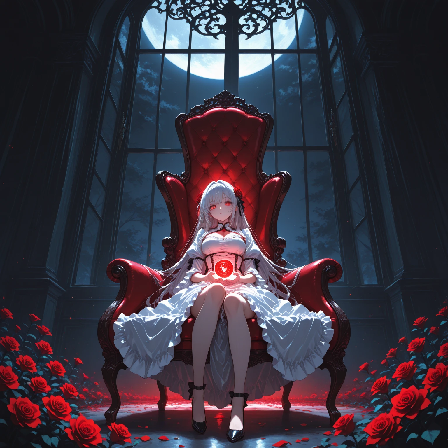 ((worst quality, low-quality)), profile, Taken from the side, ((a closeup)), facefocus, girl with, Solo, A Necromancer, slender, ((Large breasts)), ((Long silver hair)), Crystal clear white skin, fascinating glossy lips, Beautiful red eyes, Condescending look, Invincible smile, ((Holding a bouquet of blue roses)), perfect hand:1.2), Bewitching dresses, fishnet tights, embarrassed, (A red moon that shines mysteriously:1.2), (light Particle, light glow, llight rays:1.4), ( Throne background surrounded by skulls:1.3), high-angle shot, Best Quality,ultra-detailliert, masterpiece,