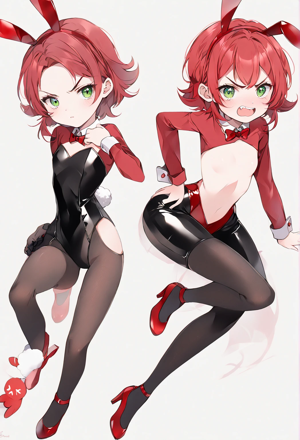 Masterpiece: 1.6, best quality: 1.4, live image: 1.2, intricate details: 1.2, charturnerv2: 1.2, 1lady full body character change, Appearance: young: 1.25, thin: 1.3, blue eyes, thick eyelashes,large breasts, detailed eyes, quality eyes, Clothing: adapted swimsuit, swimsuit:1.3 Accessories: red bow, red ribbon, Hair: blonde hair, short hair, semi curly hair, natural, shiny skin, (single background, white background:1.8), transparent Background, multiple views, multiple views of the same character in the same outfit: 1.3., character sheet: 1.2, multiple facial expressions: 1.3, seductive smile, sexy, shaded face, white legwear, white thighhighs, blush, nose blush:1.2