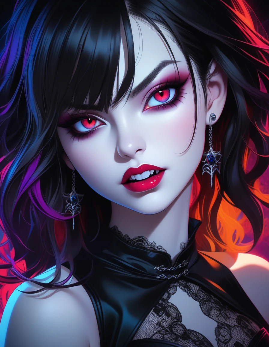 1 woman of 30 years old, {{{very long messy black hair}}}, {{{green eyes}}}, lace lingerie with a red leather jacket, leather choker cleavage, small smile, red lipstick, inside a nightclub with rainbow neon lights, {best quality.}, {highreaasterpiece.}, {{{medium close up.}}}, {facing viewer}