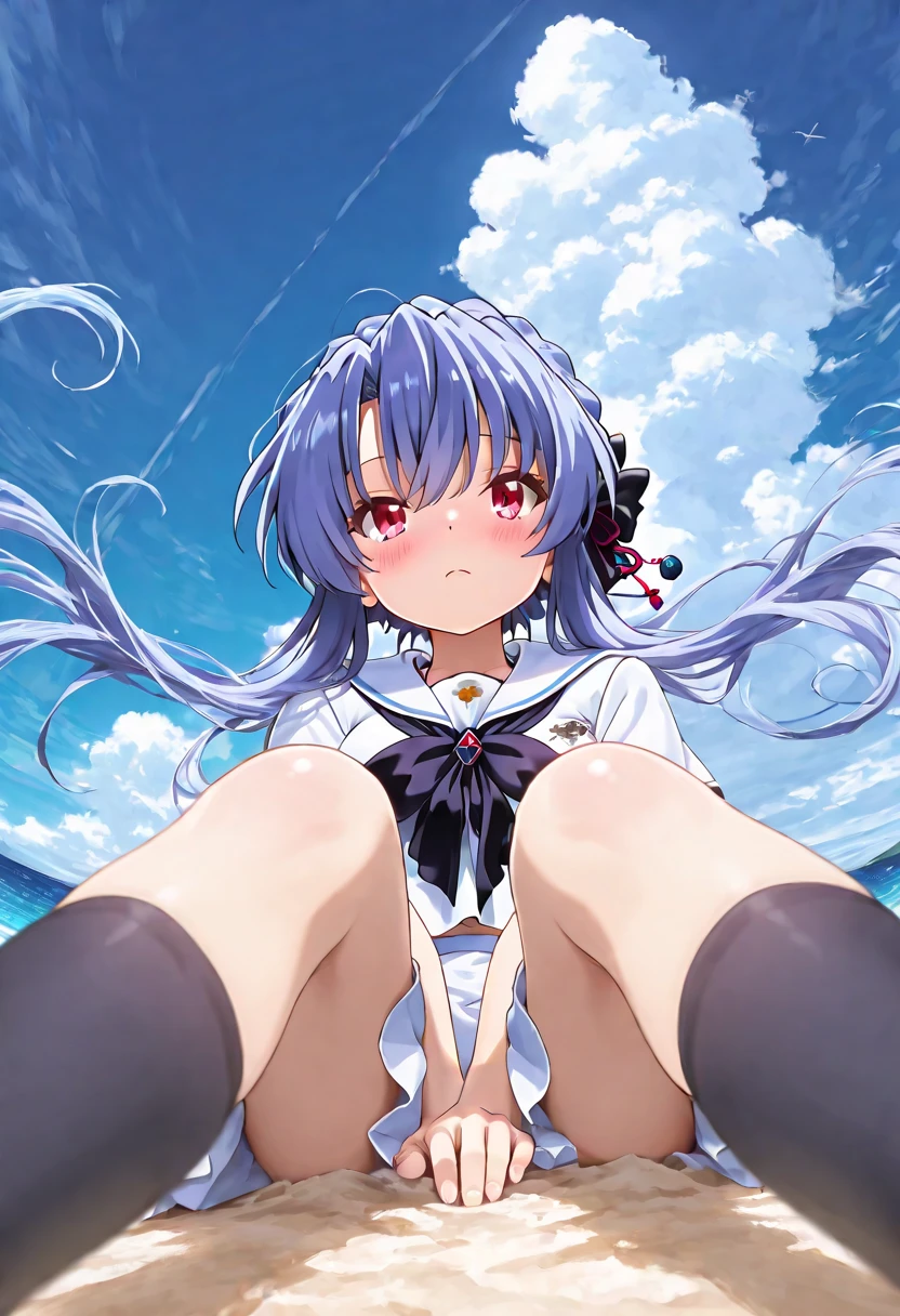 master piece,best quality,highres,original,from above,sorakado ao,1girl,(school uniform,),((hair ribbon)),sitting,sunlight,in summer,glowing eyes,(midday:1.5),(sunny:1.5),(Blue sky:1.2),in summer,(cloud),blush,Light smile,from below,extremely detailed CG unity 8k wallpaper,lens 135mm,masterpiece, best quality,naughty face,((hidden hands)),arms behind back, ((ocean)),beach,solo,looking at viewer,