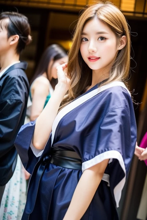 Woman posing for photo (Kimono_Clothing, Dress:1.3), Patterned kimono, Half-ish face, Beautiful figure, Beautiful deep blue eyes, Long wavy brown hair, Nice to touch, High resolution, Masterpiece, Best quality, Head:1.3, ((Hasselblad photo)), It's a beautiful day, (Cinema lighting), Alluring, Sexy, Erotic, Collarbone, Large and ample breasts, Slim abs, Slim buttocks, Slim legs, Busy city at a Japanese festival, Sunny day, Dynamic angle, [:(Facial details:1.2):0.2], Wind, Wearing pink panties, Upskirt, Squatting and spreading legs, Perfect fingers,