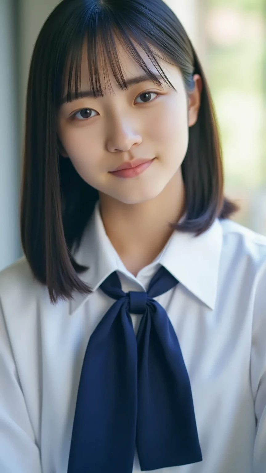 (Beautiful 14 year old Japanese woman), cute face, (deeply carved face:0.7), (freckles:0.6), soft light,healthy white skin, shy, (serious face), thin, smile, uniform, ponytail