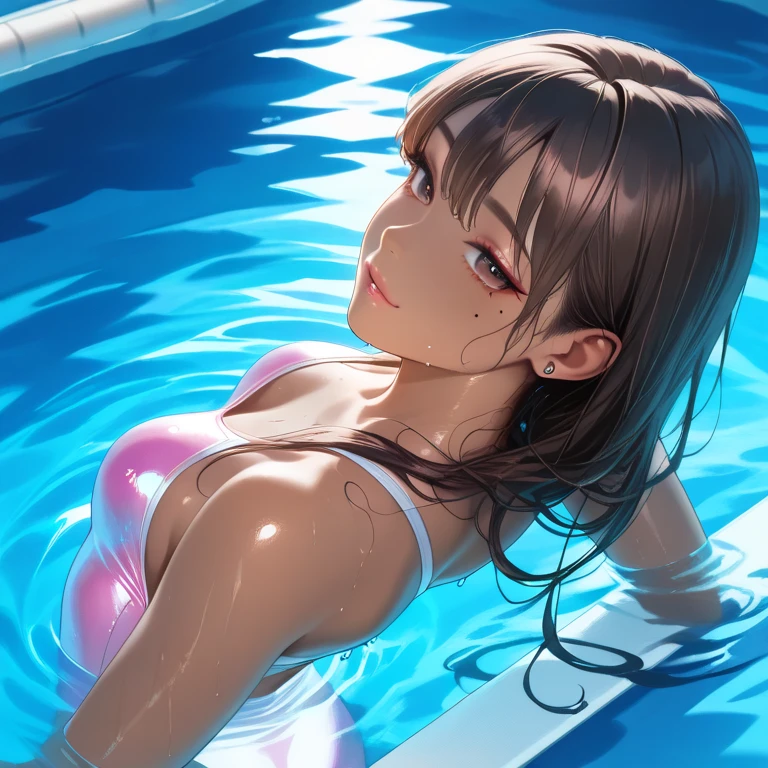 8K, ultra high resolution, A masterpiece of the highest quality, professional detailed wallpaper, Ultimate Highly Detailed Everything, (3 milf lady :1.3)、Micro bikini that glows with fluorescent neon、(brown skin:1.2),(white skin:1.1)、(cowboy shot:1.5), 
(dripping sweat、oil skin,sparkling skin、realistic skin texture、detailed beautiful skin、shiny skin)、summer night、tropical night、night pool、Starry sky full of stars、Tropical Pool、((uv black light、pink and light blue fluorescent neon))
、wet skin、not nsfw、milf playing in pool