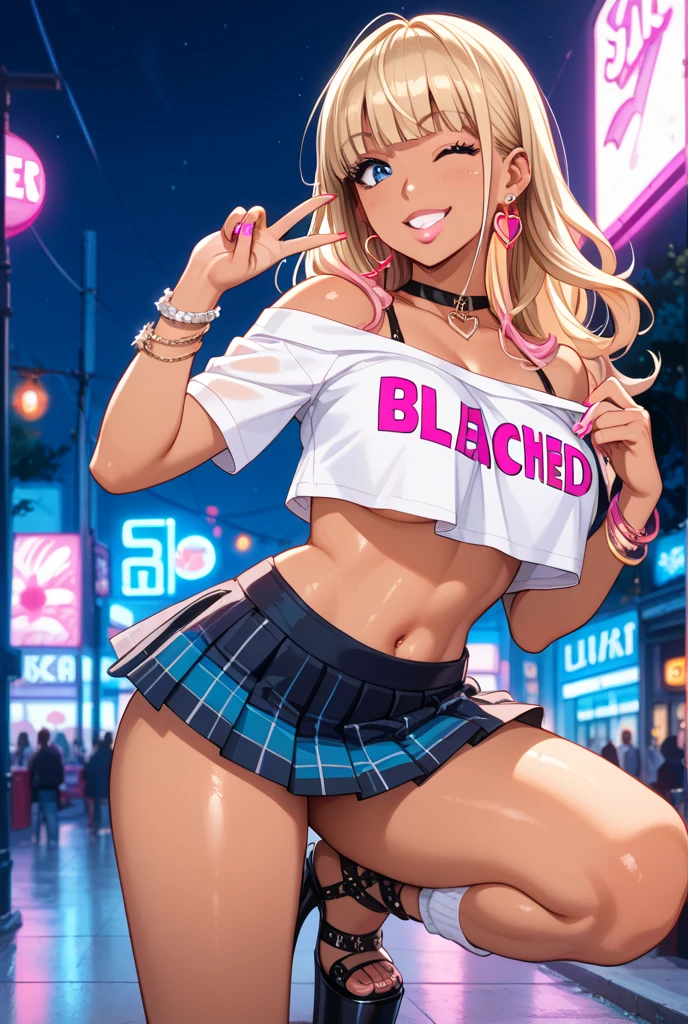 (masterpiece, best quality), 1girl, Miss, Tall, Fit, Square Face, Dark Skin, blonde Hair, pink Eyes, Straight Nose, full Lips, Receding Chin, Long Hair, Wavy Hair, gyaru hair, highlights in hair, full breasts, earrings, lipstick, gyaru, tight panties, bra, nice hips, indoors, (vibrant colors), public indecency, (undressing),