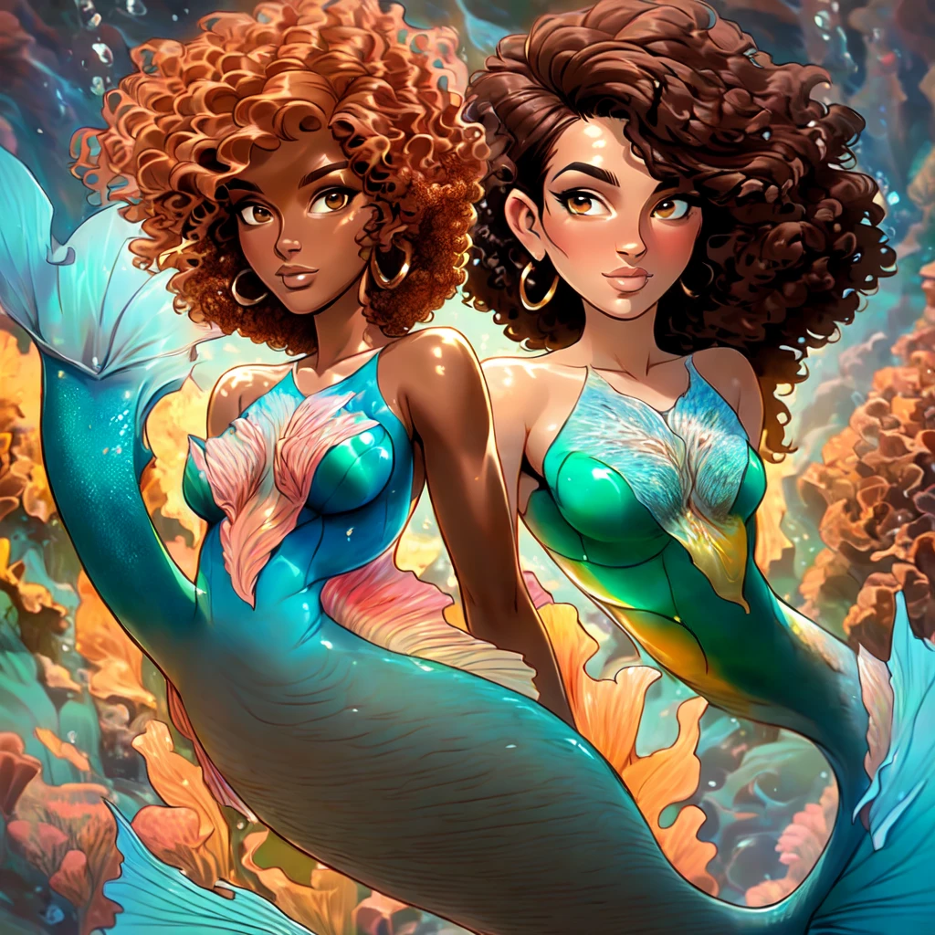 Make it more detailed and improve the lighting, the drawing shows three mermaids with distinct features, one silver and purple, one black with orange and red colors and the other pink and aqua blue. 