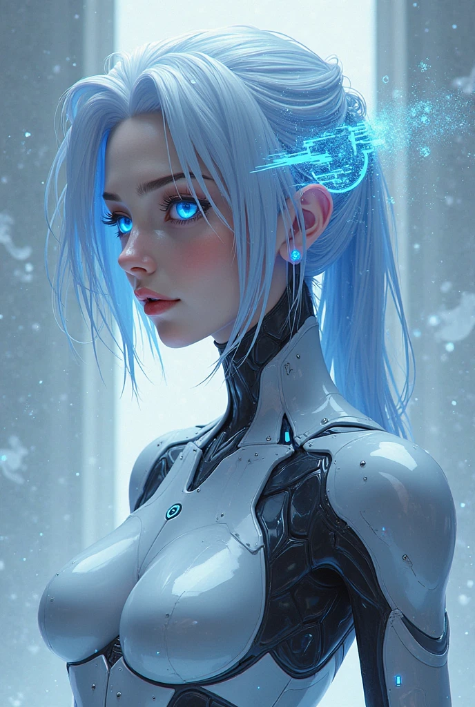 professional camera angle,a close up of a woman in a white and blue suit, perfect android girl, perfect anime cyborg woman, cute cyborg girl, beutiful girl cyborg, cyborg - girl, gynoid cyborg body, cyborg girl, japanese cyborg, beutiful white girl cyborg, anime cyborg, perfect cyborg female, girl in mecha cyber armor, beautiful female android!, echo from overwatch