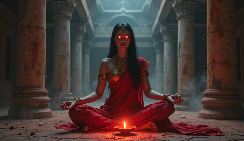 Young tantric priestess woman with tattoos on her loinclothed body in a photorealistic temple --auto