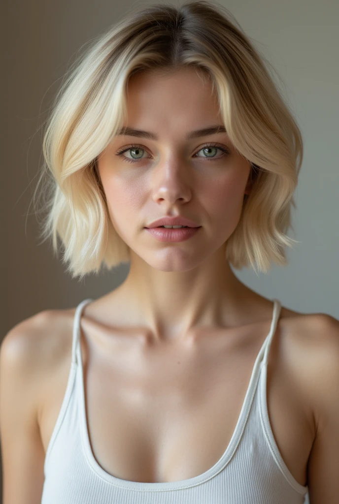 highest quality, 8k, masterpiece, realistic, High resolution, sharp focus, 1 girl, 28 year old gorgeous fashion supermodel, bright white blonde hair, cleavage, short hair, dull bangs, hair behind the ear, long hair, slender body shape, super detailed face, delicate lips, Moderately, beautiful eyes, lipstick, light blush, perfect shiny shiny skin, invite the gaze, view audience, collarbone visible,