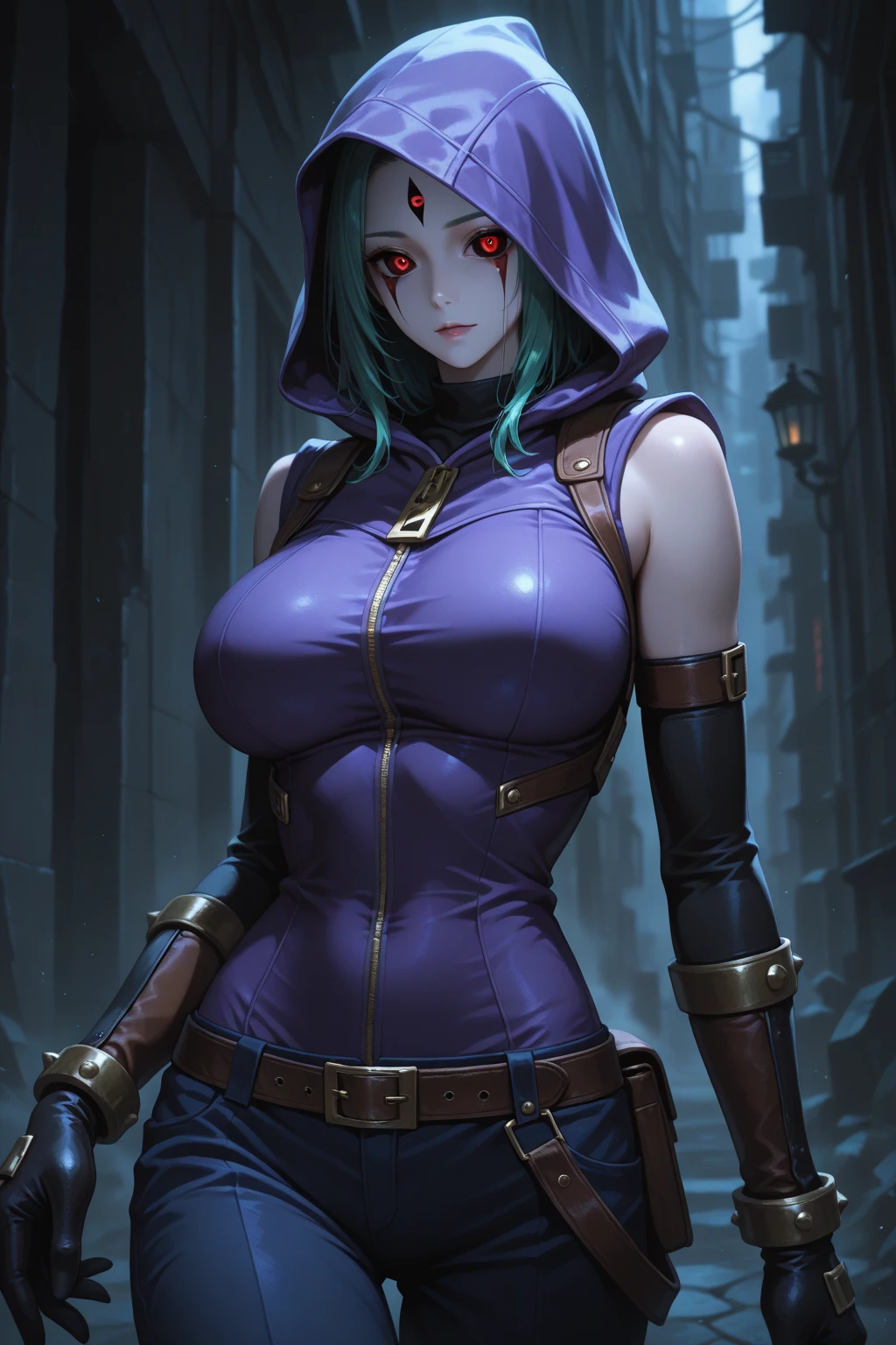 MILF, arcane style, arm tattoo, asymmetrical fringe, fringe, fringe, blue hair, braid, brown shirt, cloud tattoo, huge breasts, looks at onlooker, night, city, green hair, long hair, middle body, pink eyes, red lips, button up shirt, small shirt, cleavage, voluminous chest poking out, solo, standing, tattoo, double braid, full body, arcane jinx, jinx league of legends
