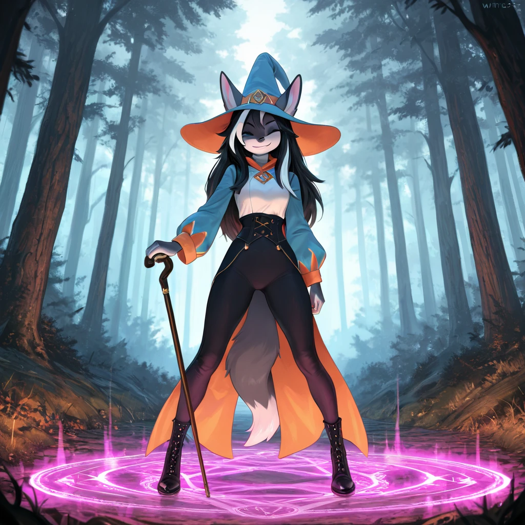 uploaded the e621, beautiful and detailed, woman (((female))) ((anthro)) Fox, (Averi, Fox girl), cinematic lighting, Fox, (anthro, fluffy fur), anthro fox girl, body fur, curvy, sexy, nice, cute, hot, comfortable anime-style cartoon-style, digital drawing, SFW, flat chest, green eyes, nervous smile, sassy, sassy hips, smug, fangs, looking at viewer, forest, night, tree, lightning, tilted head, leaning sideways, wizard hat, striped thigh highs, holding ice projectile in hand, ice projectile, ice magic, raining, rain, wet fur