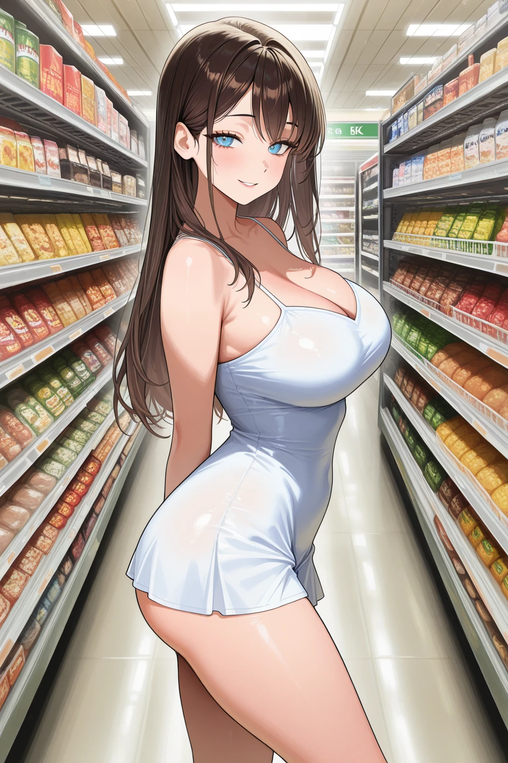 Nagino Sakura, brown eyes, brown hair, hair band, medium length hair,  empty eyes , Running, wearing nothing, big anime eyes, , shiny hair, bare-skin, navel, the groin, BREAK in front of convenience store, large breasts、　Nipples, nsfw, nipple , wet, Flooding. sea. solo
