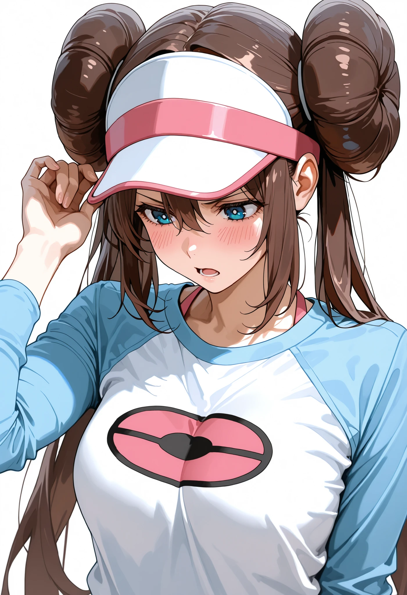 score_9, score_8_up, score_7_up, nh, serious, blush, hat tip, hand on headwear, adjusting headwear, tipping_hat, open mouth, head down, upper body, serious, face focus, 1girl, solo, rosa, brown hair, double bun, doughnut hair bun, hair bun, blue eyes, hair between eyes, twintails, raglan sleeves, white shirt, blue sleeves, long sleeves, visor cap, looking at side