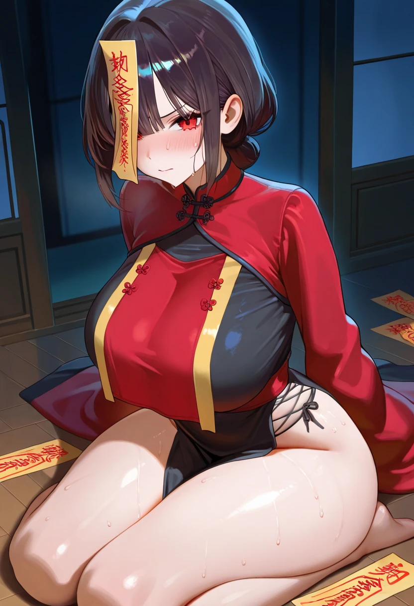 A female empress, short white hair, with yellow eyes, red nails, mostrando os peitos, legs open showing pussy, with an angry face and a provocative look, mouth open with tongue out. Wearing traditional Chinese imperial clothing, decorated in gold with black details, with red Hanafuda earrings, with a short red skirt. On your knees on a hotel room bed with a penis in your pussy, with a sunset in the window in the background.