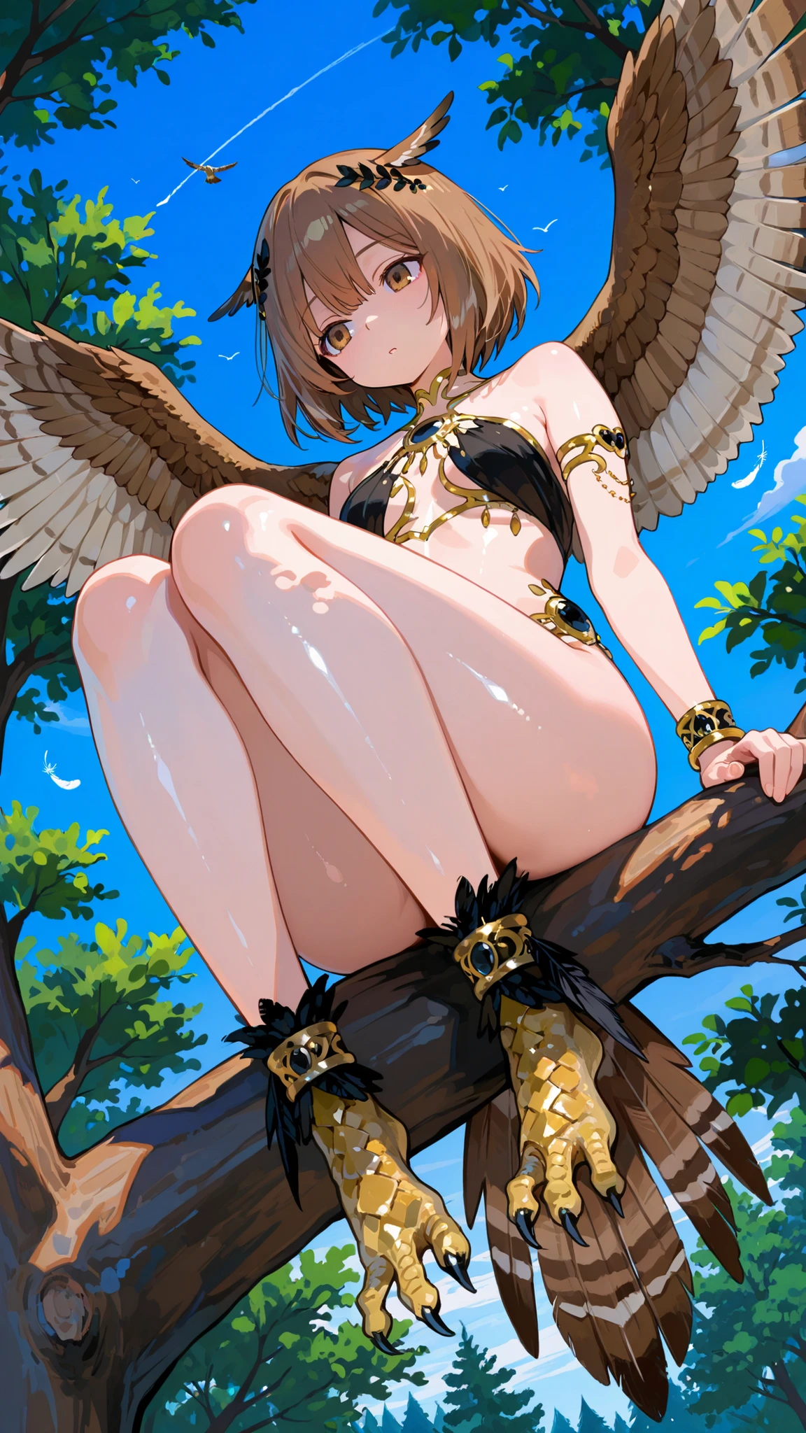 1girl,brown feathers, brown hair,Harpy, open mouth, green eyes, exposed stomach, big breasts, sky background, lens flare, smile, winking, wink, ;)
