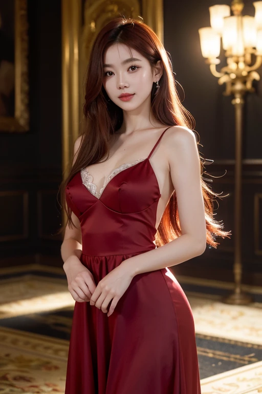 ((top-quality、8K、masterpiece:1.3))、1 Japan person model、Beautiful woman in braless red dress、Colossal ,(dark brown hair)、Bourg Full Length Dress:1.1、sofas、Super Detailed Face、detailedeyes、double eyelid、furniture、a room,Depicts genitals,Bewitching look,