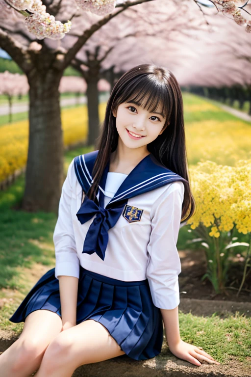 photorealistic, masterpiece, high resolution, detailed, (1 japanese lowteen girl, short tight sailor uniform school ,parted bangs, transparent sparkle eyes, smile, opened mouth, platinum black long hair), field of depth, bokeh, posing dynamic dancing like an idol, zettai ryouiki, in a garden,