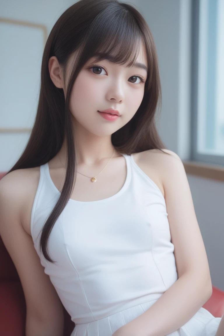 A realistic selfie of a very cute and Japanese high school girl in her room wearing a white tank top,Highest quality, Ultra-high resolution