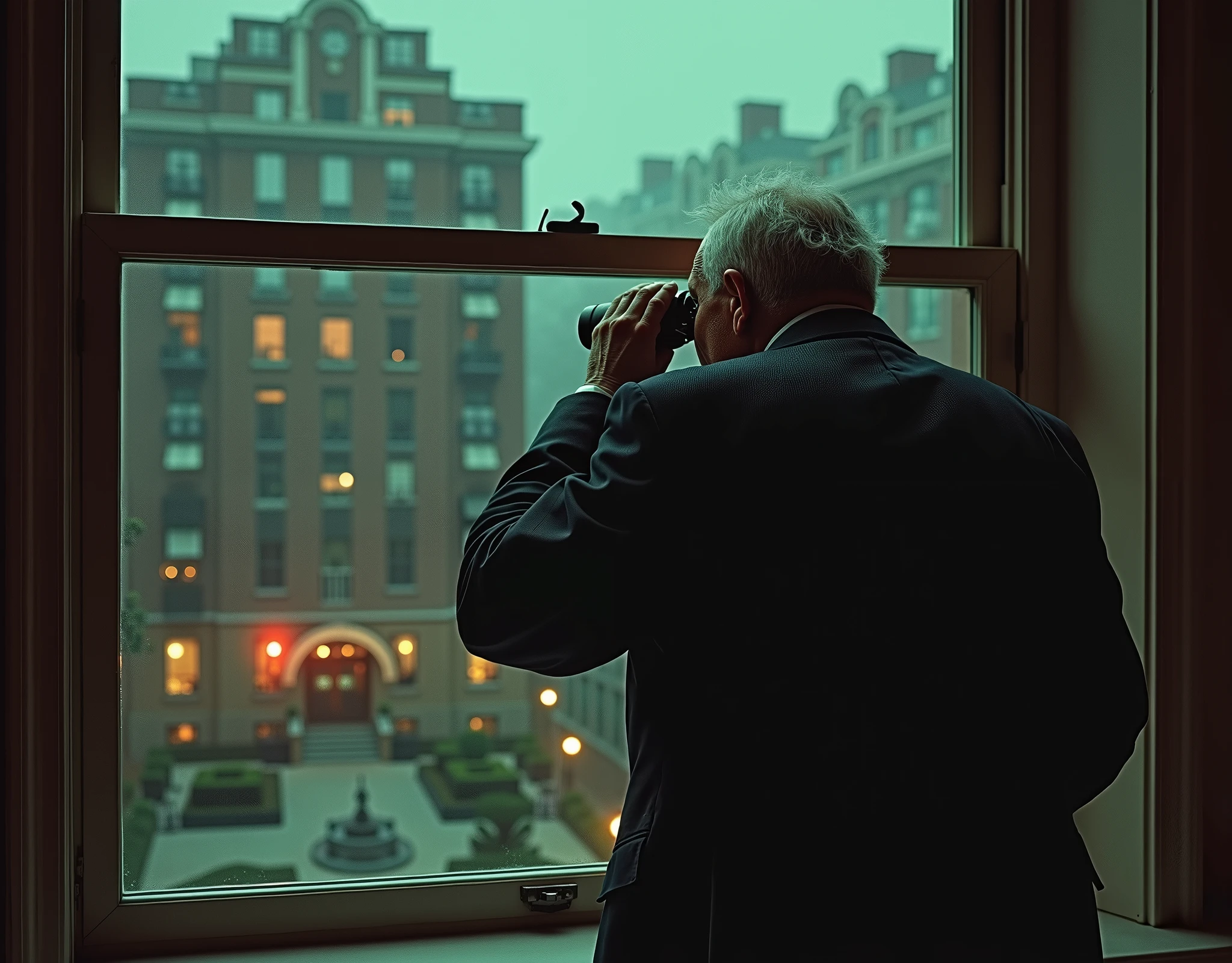Older man, a little overweight, spies on his neighbors from his window in an apartment across the public garden, view from outside, binoculars, in an old Brown Stone apartment complex in classic NYC, from the 1950s, Alfred Hitchcock's Rear Window aesthetic, he is peeping and peeking on his neighbors, noir film vibe, Giallo film, fumetto, ominous aesthetic, Shadowy, gritty, voyeuristic, moody, suspenseful, retro, eerie, cinematic, mysterious, urban, tense, atmospheric, lurid, vintage, unsettling, Muted colors, high-contrast, sepia tones, chiaroscuro lighting, grainy texture, Dutch angles, low-key lighting, deep shadows, wide shots, voyeuristic framing, retro mise-en-scène, noir palette, Giallo vibrancy, smoky ambiance, cinematic composition, detailed, intricate, medium contrast, murky red and green back lighting, volumetric lighting, Frazetta, James Bama, Jim Steranko, Bernie Wrightson, lurid and vivid, NSFW, perfect anatomy, masterpiece, HD, 8x, "anatomically correct human" "realistic proportions" "natural human pose" "full figure, accurate anatomy" "correct fingers and joints"