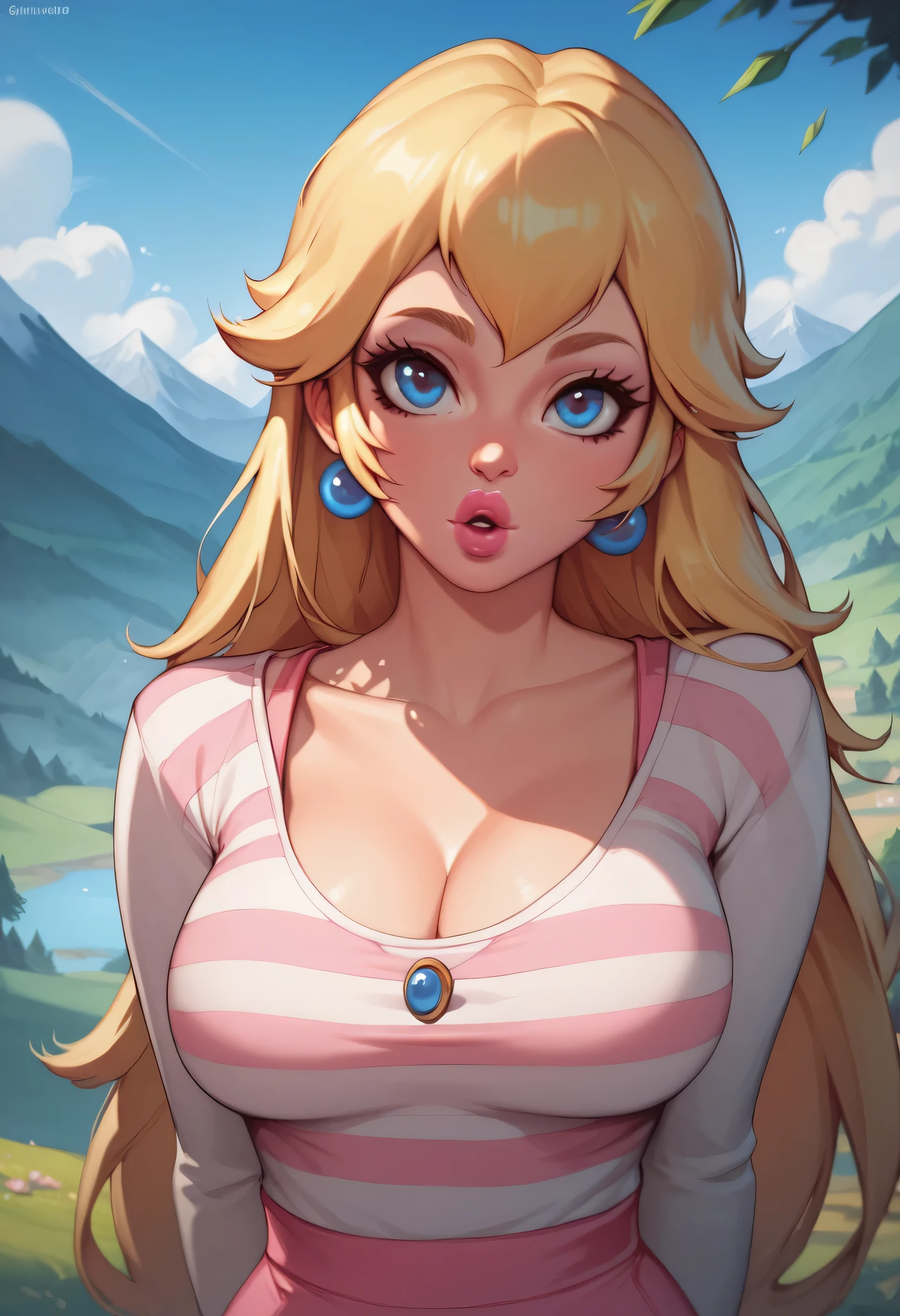 Perfect Face, Perfect Body), Blonde Hair, Very Long Hair, Blond Thin Eyebrows, Nose, Lips, Pink Lips, Parted Lips, Collarbone, Cleavage, (Big Breasts, Perfect Breasts), (Striped Shirt, Long Sleeves Shirt), Arms Behind Back, Looking At Viewer, (Blue Sky, Trees, Mountain, Roading), (Princess Peach)