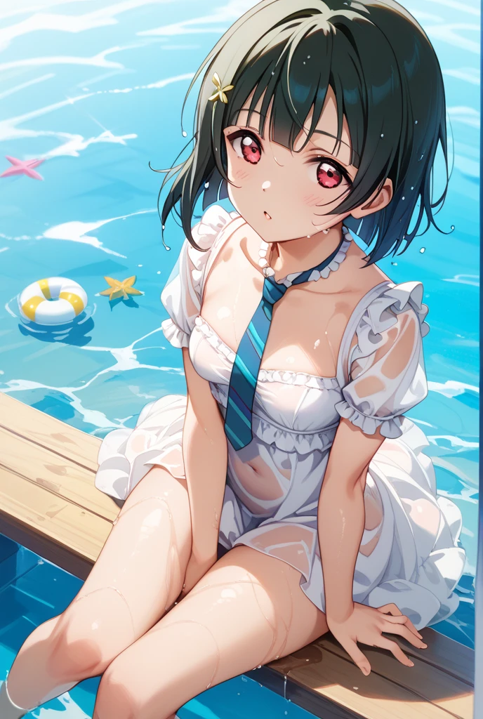 **Prompt:** "Draw an anime-style female character with the following characteristics. - **Hair**: Long black hair tied in a ponytail and adorned with a red hibiscus flower. - **Eyes**: Blue eyes, with a slight blush on her cheeks. - **Expressions**: , nsfw, (ecstatic:1.3), (slutty:1.2), (vulgarity:1.3), (fucked like a fool:1.1), (steamy:1.1), (wet:0.8), (trembling:0.8), (tears:0.7), (drooling:0.6), (sweat:0.8), - **Outfit**: nsfw, she is wearing a black bikini. The bikini top has thin straps and an anchor pendant on her chest. The bikini bottoms are also black and have the words "IRONBLOOD" written on them. She has a black left thigh garter. She is also wearing a light blue shirt that slides off her shoulders. The water makes her costume transparent. - **Body**: She has a toned physique with well-defined muscles in her chest and abdomen. Her skin has water droplets on it, making it appear wet. She has a large cleavage. - **Background**: ,holding on to the railing of the train,armpits, (presenting armpit:1.3),(looking away:1.4), (train interior:1.3),(crowded train:1.3), upper body,(white shirts:1.5), ,alternate breast size, breast grab, (a boy,grabbing from behind:1.5) ,(frown:1.2), (embarrassed,blush:1.2),(Stunned face of despair:1.1),sweat,(angry:1.2)
