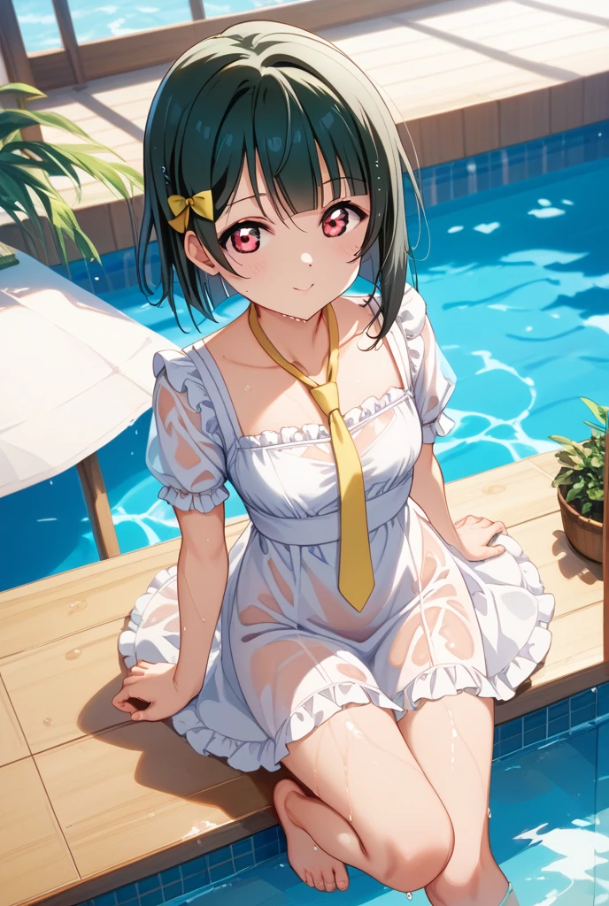 {{{Best quality}}}, {{Very detailed}}, {Illustration}, {{Very delicate and beautiful}}, ((Public pool (entrance))))), White dress, Straw hat, Hand Pool diaper changing set in plastic bag, Girl (5 years old, barefoot), Small breasts, Round face, Girl, (Toddler: 1.25), (Baby face: 1.2), Short limbs, Smile, Small breasts, Girl, ((( NSFW))), A girl sits on the floor at the pool entrance, in a very erotic position, her pussy opened with both hands, a super thick vibrator inserted inside her pussy,