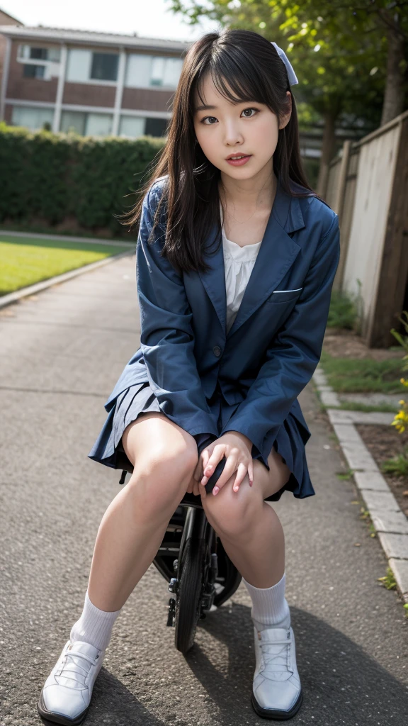 (8k, raw photo, best quality, masterpiece:1.2), (realistic, photo realistic:1.37),perfect ???????,
Japanese woman,black hair,27 years old,
(slender),
(small breasts),
nsfw,(pubic hair:1.5),laughing, (riding bicycle:1.2), hair over one eye, wavy hair, (light yellow business suit, white skirt*1.3),on the street, (thick thighs,macro shot), low angle shot, from front
