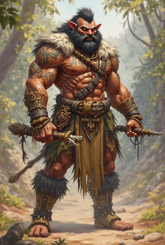 A half orc man, barbarian, of 180 cm, short black hair, thick pale skin, amber brown eyes cut scar above his right eye, defined muscle but not too big, bear skin clothes, several tattoos on his body written "Peace"