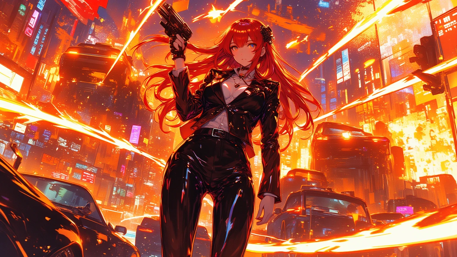 Best quality, Masterpiece,1 rapariga ,The upper part of the body,Brownish red hair,Black eyes,mistic,The expression was serious,Cold and glamorous,Detailed face, Beautiful eyes,murderess,Killer professional suit set,Bigboobs,cleavage,nabel,Black smoke,Burst of power