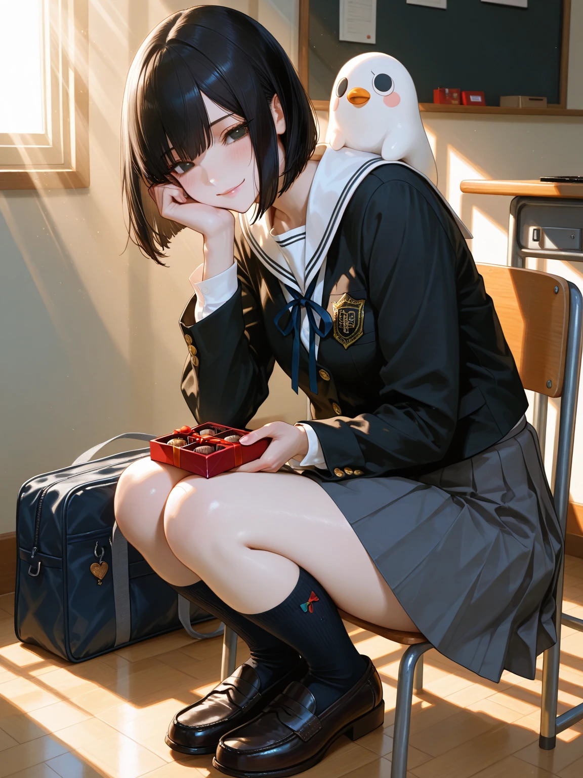 ponytail, A high school girl sitting on the floor and eating a sandwich, In uniform