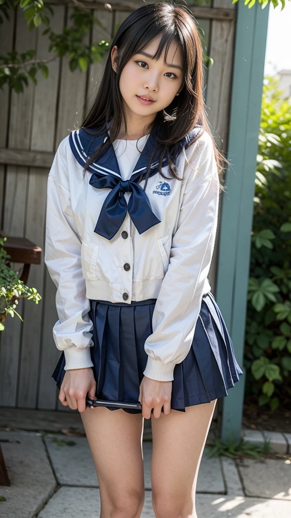 sailor uniform, One Woman, (Beautiful woman, delicate :1.3), Black Hair, bob cur hair, Patsun, 8k, Highest quality, masterpiece, Very detailed, Ultra-high resolution, Realistic, RAW Photos, Absolute Resolution, Black Hair, Navy blue sailor uniform, (Navy blue pleated skirt:1.4), Realistic high school girl, (White headband:1.4), Small breasts, expensive, Bright Blue Eyes, (In front of the school gate), smile, (standing pose:1.4), (School bag on shoulder:1.4), (very long skirt:1.4),