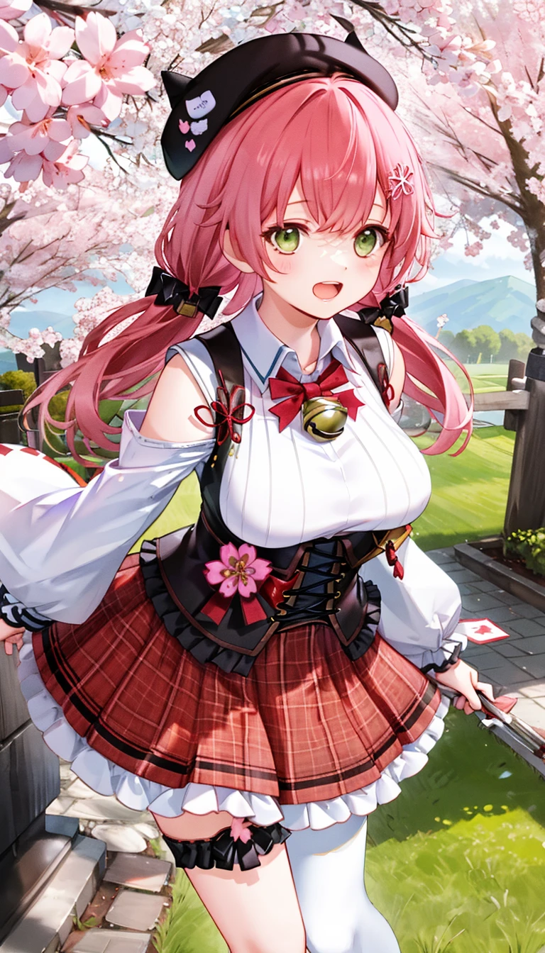 masutepiece, Best_Quality, hight_resolution, miko2,Ponytail, 1girl, Ahoge, black headwear, Hair Ornament, White shirt, black thighhighs, Pink hair, Red_skirt, very_short_skirt, plaid skirts, garter_strap, Collared shirt, hair clips, frilld, Bangs, hair between eye, frills skirt, beret, Pleated skirt, Hair Flower, Neck bell, , puffy long sleeves, Black bow, Underbust, Smile, (large_breasts:1.3),covered_nipples, green_eyes, happy, dynamic_angle,spread_legs,(big_smile:1.2),plump,open_mouth,shout,half_eyes,cherryblossom_park_landscape_background,