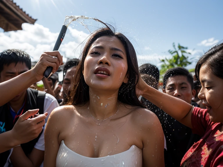 a beautiful naked Indonesian girl, sweaty, athletic body, and hairy armpits, being carried by two men