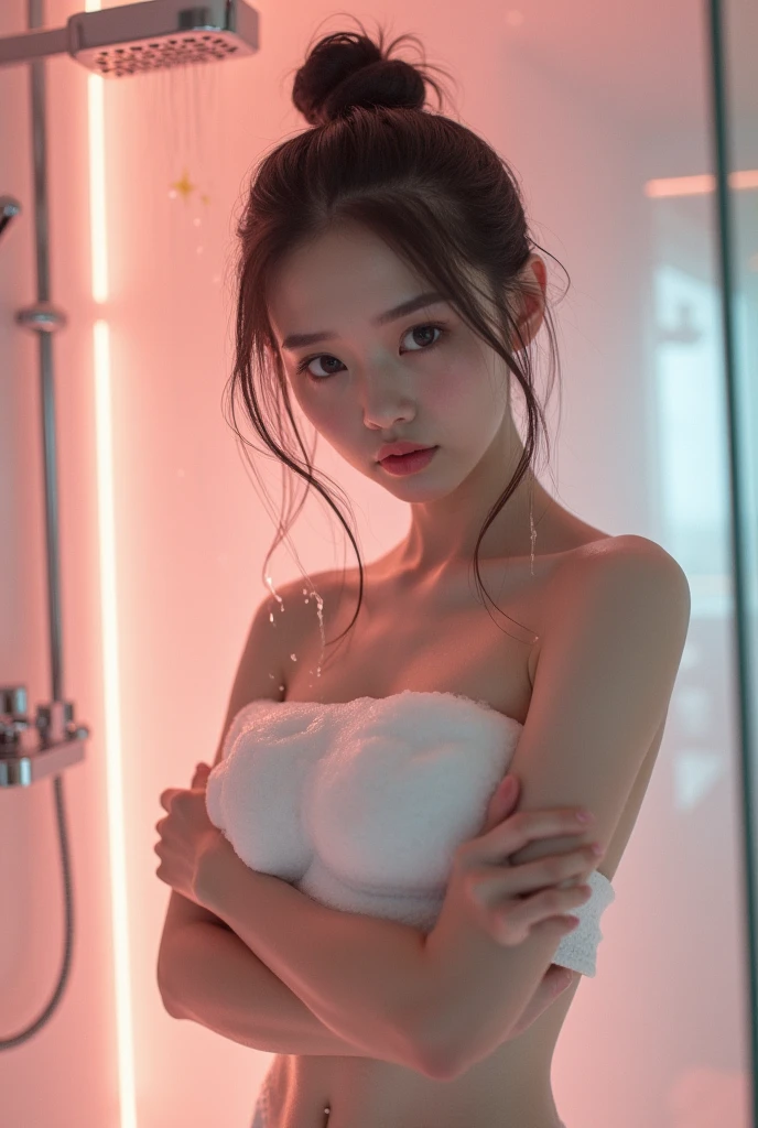 ((mouth wide open)),8K,(Realistic,Photorealistic), Super detail, High quality, Best quality, High Definition, Movie lighting,Ultra Definition Physics-Based Rendering,((Whole body is wet with shower water))),((Drenched body)),Eyes closed,Mouth wide open,Crying,1girl,Full body is wet,Kpop Idol, beautiful woman with perfect figure, 28 years old,full body,shy, black hair, brown hair,wavy hair, closed eyes, mouth wide open,((white translucent lingerie)), side tie T-back, ((very small bra)), bathroom, (legs spread wide)), (camel toes clearly visible)),(bust top protruding)),sexy pose,( showing crotch), shy,very detailed face and skin texture