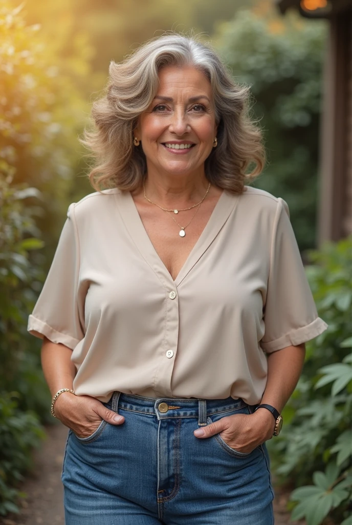 there is a woman with curly hair and a loose-fitting shirt and jeans, this person does not exist, ugly woman, unattractive, nora ephron-meryl streep-carol kane-andrea martin-theresa may merged, entire body visible, full body, hyperrealistic, best quality, 8K, masterpiece, extremely intricate, detailed eyes, detailed face, detailed body, exaggerated features, pronounced features, fujifilm