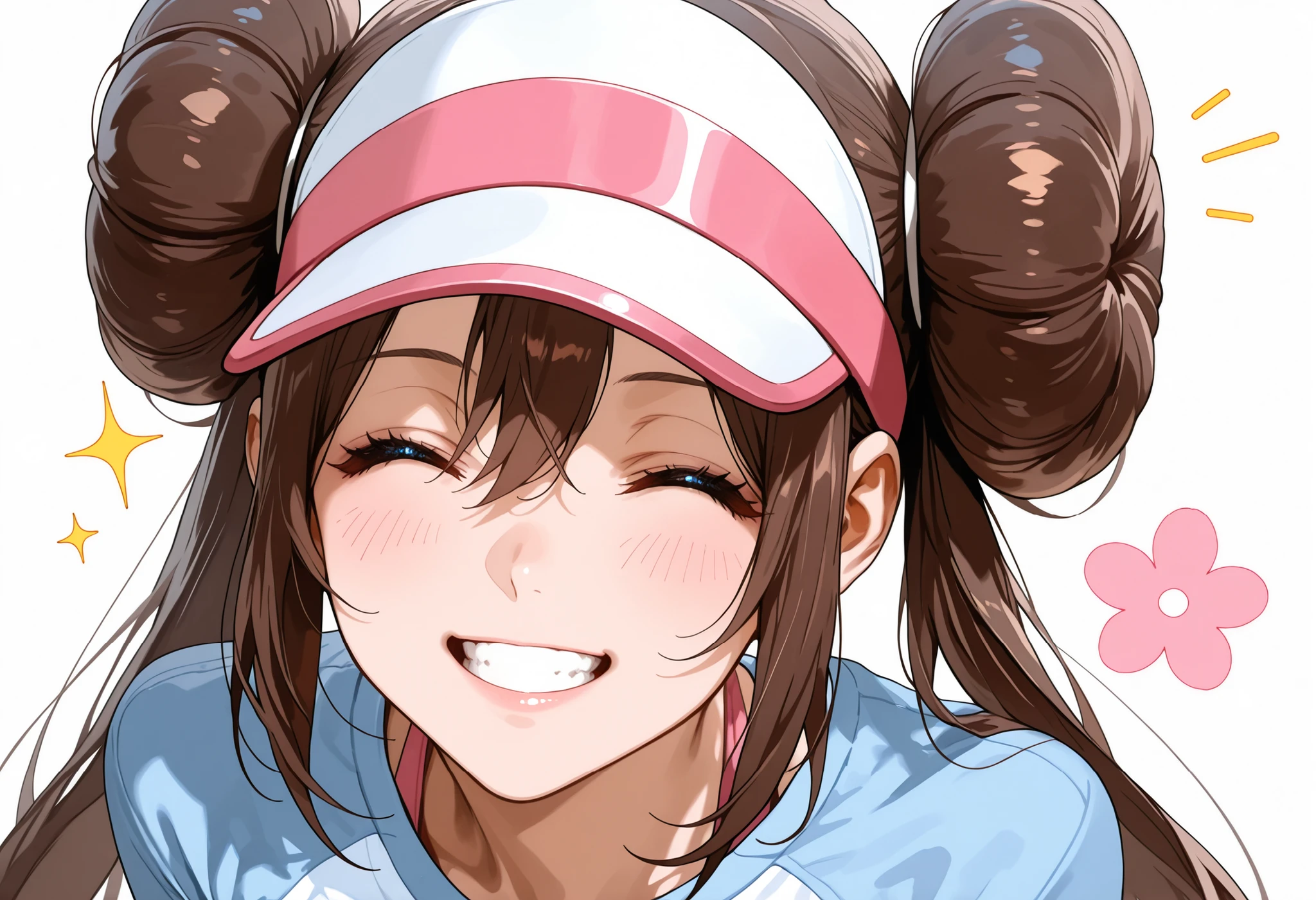 score_9, score_8_up, score_7_up, nh, smile, teeth, eyes closed, ^^, sparkle, flowers, face focus, 1girl, solo, rosa, brown hair, double bun, doughnut hair bun, hair bun, blue eyes, hair between eyes, twintails, raglan sleeves, white shirt, blue sleeves, long sleeves, visor cap,