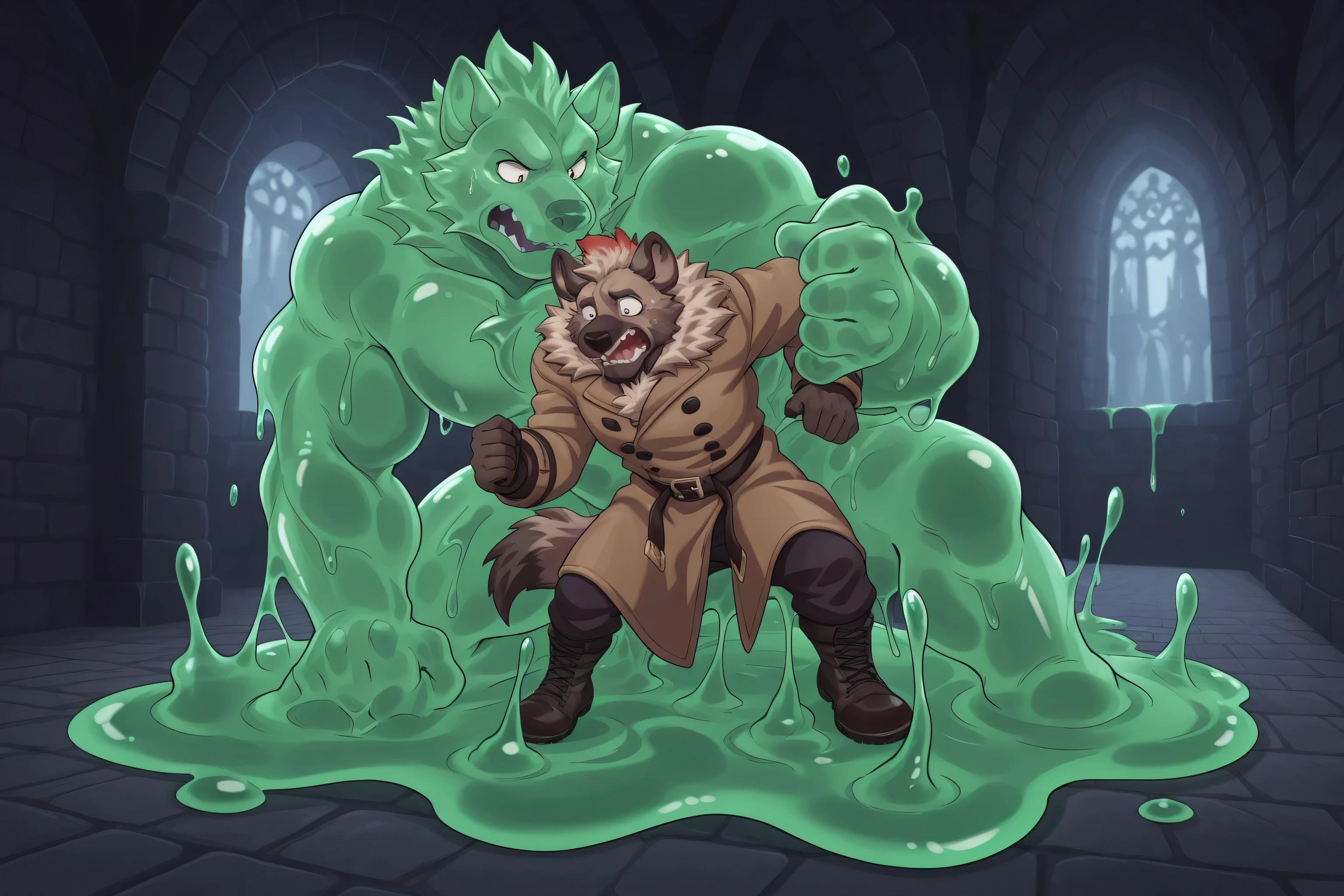 furry, hyena:1.3, coat, fight with massive green slime-like golem, fight with translucent green gel-like substance, slime's fluidity, in castle, afternoon, nervous, frightened and scared, panic, dynamic pose