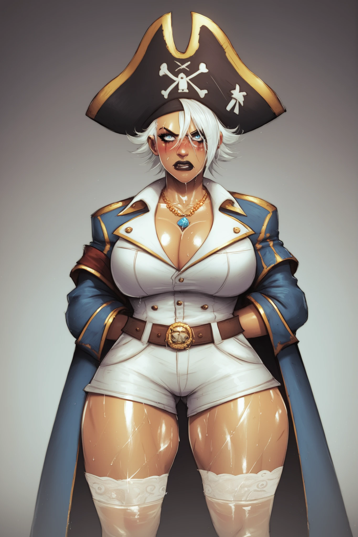 tomboy, tall, wild pirate, very muscular, many tattoos all over her body, busty, big ass, wide and strong thighs, big hips, big body, very muscular and curvy sexy body, with very wide arms, wild and very short haircut, wild and ahoge hairstyle, strands of hair between her eyes, white hair, black lips, black eye makeup, blue eyes, very angry and confused look, looking straight ahead, blushing, wearing a white pirate shirt, big cleavage, also with a white pirate trench coat, silver necklaces around her neck, pirate belt, scars on her face, white short shorts, long sheer thigh-high stockings, very sweaty, very wet with water, prisoner pose with her arms behind her back, with a white musketeer hat, pirate ship wallpaper