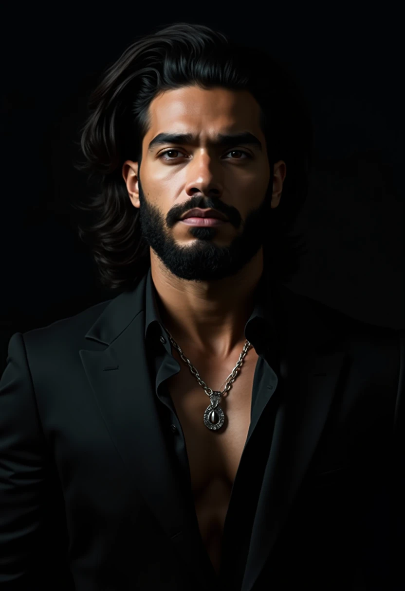 high qualiy, portrait of a domineering looking man, black hair wavy medium short hair,dominant green eyes, Greek traits ,skin tanned, He's big ,sculptural and supernatural body, He has defined and striking facial features, he has a serious expression and a slightly raised eyebrow. ,He is wearing half-open clothes showing his muscles ,black formal wear Masterpiece, short hair and he has a scared and intimidating expression ,he is an alpha