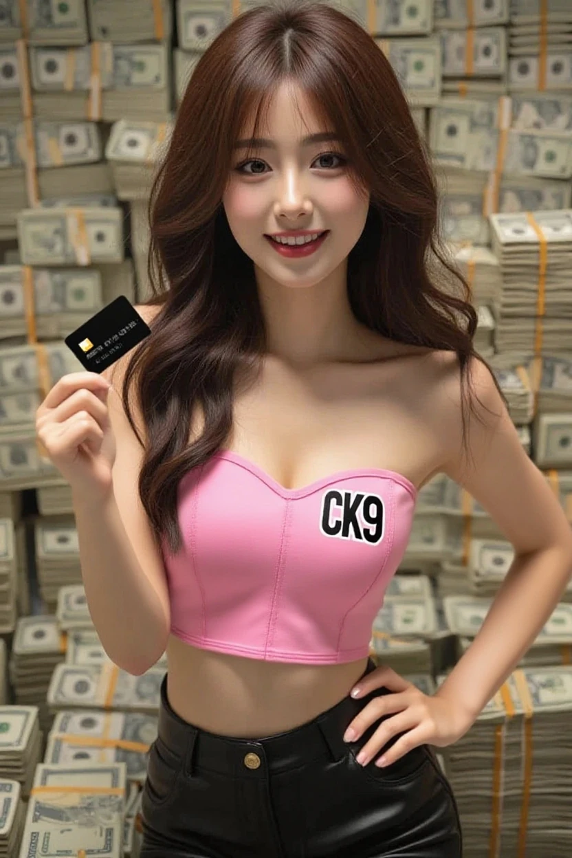 (highest quality、Super detailed)、(Real:1.37)、HDR、UHD、Studio Lighting、 Bright colors、Highly detailed eyes and face、Beautifully detailed eyes、Beautifully detailed lips、 Long eyelashes、A young and extremely beautiful woman、(Red long t-shirt、Wearing blue overalls)、Wear a red newsboy cap、White gloves、Wide-open legs、Squat、belly button、natural breasts、(Putting a lot of bills in your bra or panties:1.5)、On stage at a nightclub