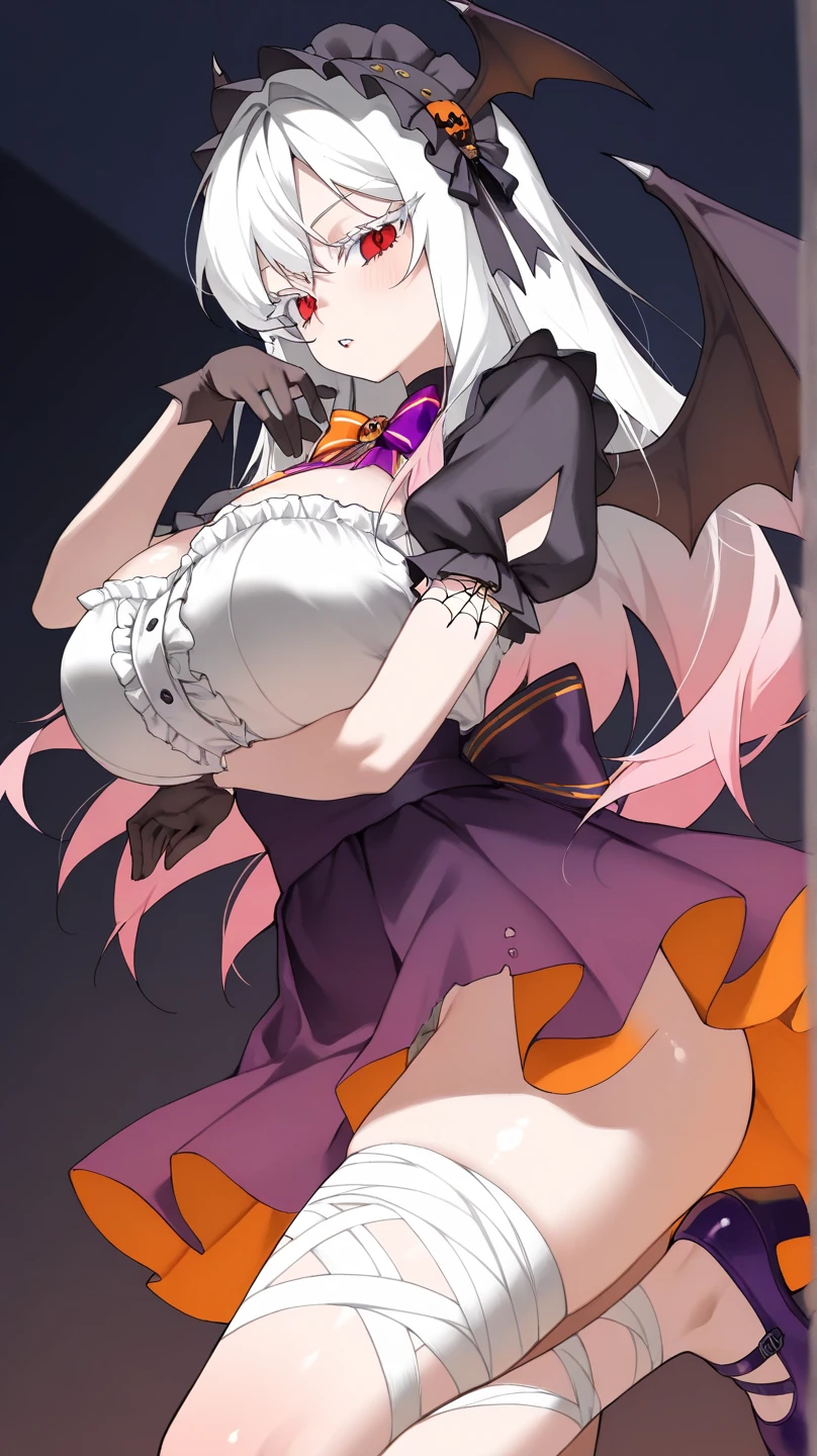 (masterpiece), (best quality), (ultra-detailed), (illustration), (an extremely delicate and beautiful), sagging breasts, disproportionate breasts, 1girl, solo, long hair, breasts, looking at viewer, blush, smile, bangs, large breasts, hair ornament, thighhighs, navel, closed mouth, tail, gray eyes, white hair, wings, horns, black thighhighs, maid headdress, pubic_tattoo, crotch tattoo, bandages, demon girl, head wings, demon tail, demon wings, harness
