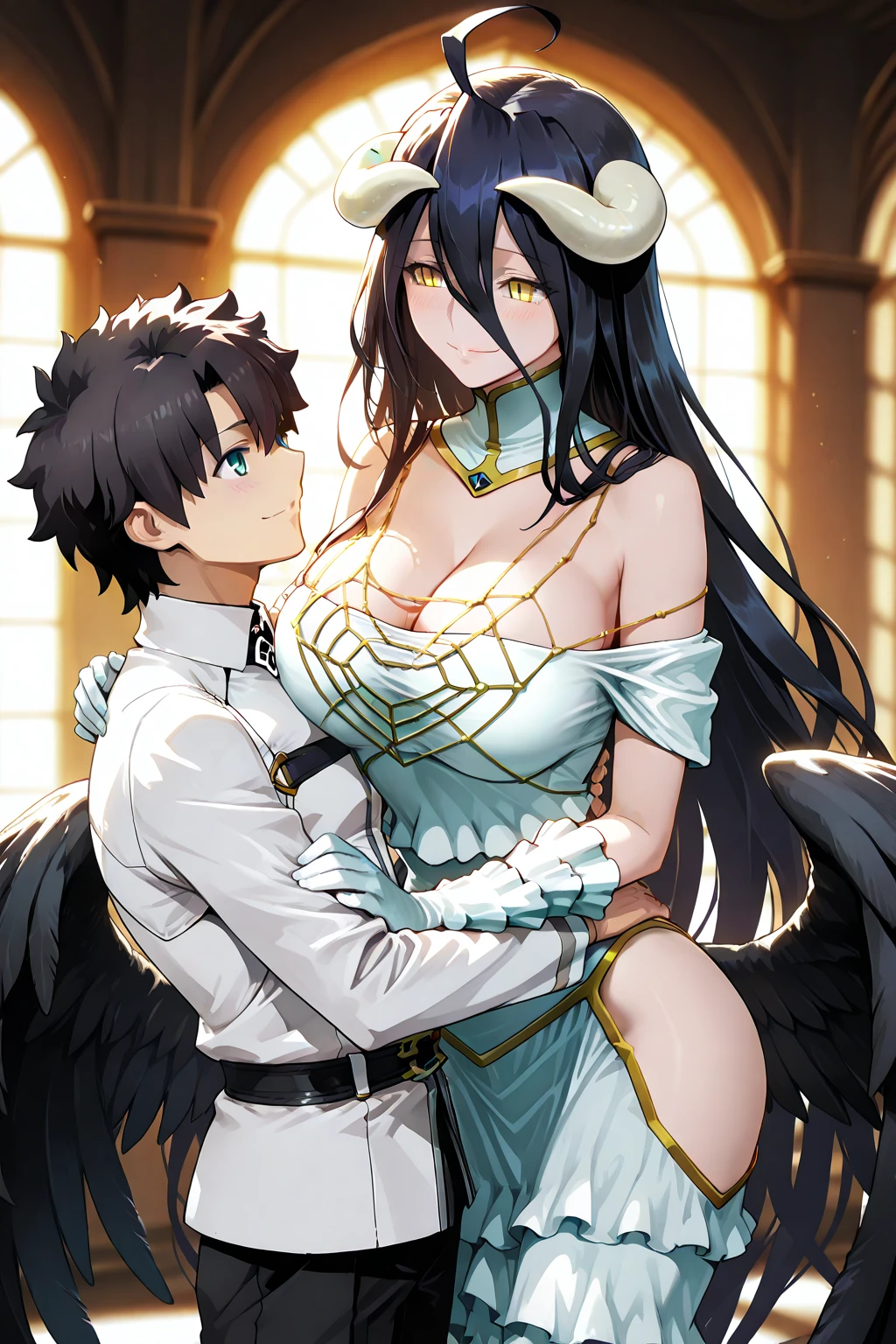score_9, score_8_up, score_7_up, score_6_up, uncensored, Albedo, demon horns, black hair, long hair, yellow eyes, slit pupils, BREAK (masterpiece:1.2), best quality, high resolution, (beautiful detailed eyes:1.3), perfect lighting, (perfect hands, perfect anatomy), hearts, pleasured, large breast, aztec outfit, commercial ad, magic-realism, Albedo kissing male shota, small shota, hug, kiss, shota, kissing mouth, hard kissing, tongue in mouth, deeper kiss, saliva drip,