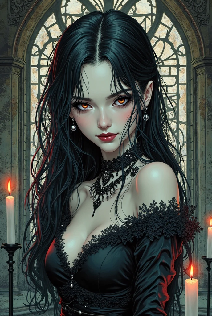vampires, thick black hair pale skin, Eyes red, Red lips, Black armor with red details, with pointy ears, dark, dark Castle, fully body