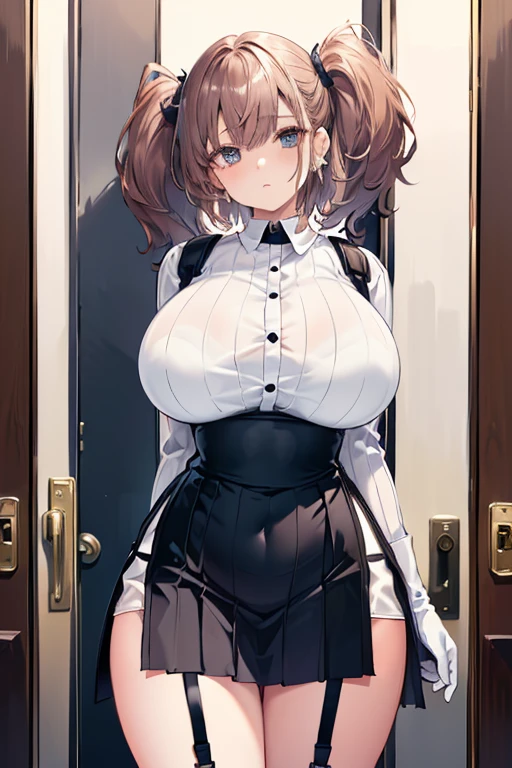 1 girl, riser, ((white shirt)), ((blush:1.2)), huge breasts, Naughty big breasts, black mini skirt, ((long slender legs)), ((thin waist)), thighs, beret, cowboy shot, Beautiful woman, pretty face, squint your eyes,  Curvaceous, feel shy, sexy pose, ((skirt that rolls up:1.3))
