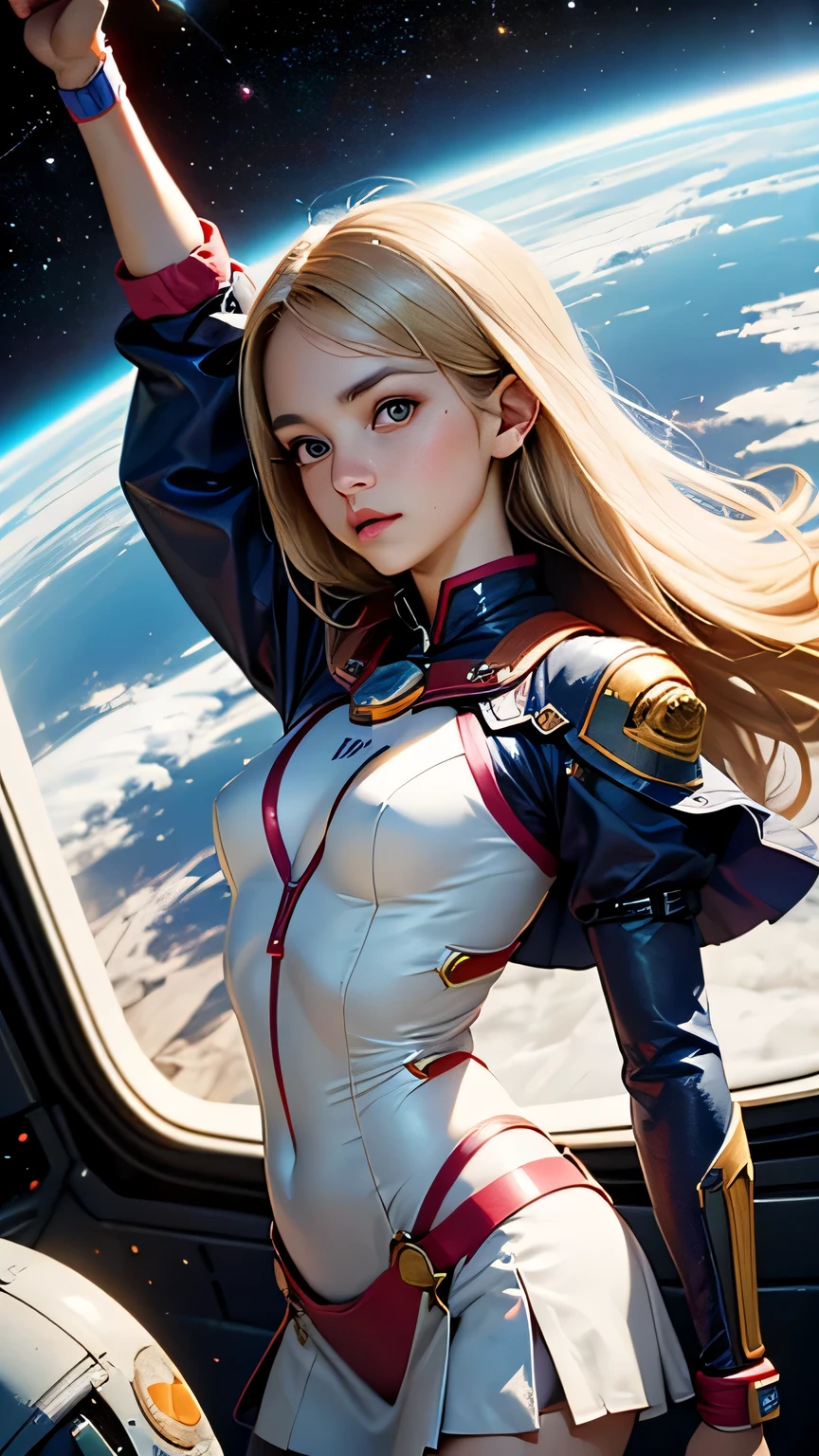 ((very detailed RAW color photo)), ((realistic)), (((1 girl))), (((alone))), (((30 years))), ((athletic)), ((very defined toned physique)), ((very defined and beautiful muscular body)), (((very detailed perfect body))), (((small and defined breasts))), (((ultra defined curves))), (((superior quality, 8k, masterpiece: 1.3)), sharp focus: 1.2, (((extremely beautiful girl with perfect figure: 1.4))), ((very thin waist: 1.2)), ultra detailed skin texture, ((perfect and beautiful hands)), ((smooth and soft skin)), (ultra detailed fabric texture), extremely beautiful face ultra detailed, (((extremely beautiful))), ultra detailed, (((girl wearing a spacesuit without helmet and shorts with space boots inside the cockpit of a spaceship))), (((extremely long curly blonde hair))), extremely beautiful, (((extra long ponytail with bangs))), ((very detailed and beautiful wolf ears)), (hair on the face), ((hair ribbon)), dynamic pose, ((uniform leaves thighs exposed)), ((ultra detailed and toned legs)), (((ultra detailed waist))), (((very wide hips))), (((very thick and toned thighs))), (sexy), (((extreme hourglass figure))), (((very thick heart lips))), (((red lipstick)), ((ultra detailed lips)), ((ultra detailed blue eyes)), ((angry look)), (((staring at the viewer))), ultra detailed provocative mouth, extremely beautiful seductive lips, ((blushing)), (makeup), (((ultra defined waist))), eye shadow, (full body shot), planets in the background, very detailed starry sky, nebulae, stars