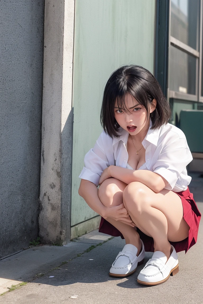 Battlefield Background,Wear a school uniform,Plaid miniskirt,A short-haired girl in sneakers squats in a ruin,bobcut,sweat,For the audience,Full body close-up