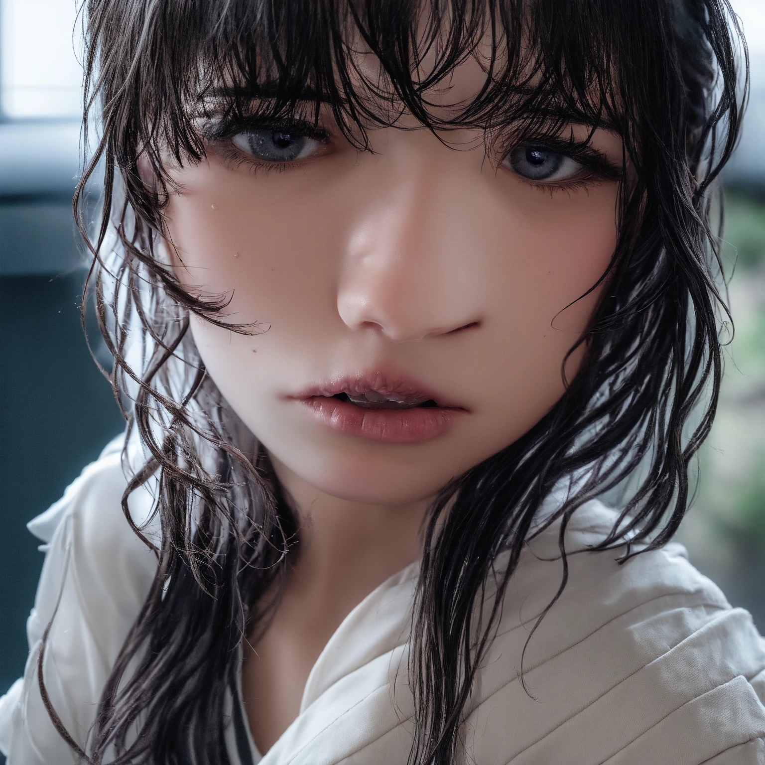 ((best qualtiy, 8K, tmasterpiece:1.3)), Sharp:1.2, perfect figure beautiful woman:1.4, Slim abs:1.2, ((Layered Hair Style, huge tit:1.3,cleavage:1.2)), (A long shirt with transparent wet white buttons:1.1),(Sateen,the street:1.2),Get wet:1.5,Highly detailed facial and skin texture,A detailed eye,double eyelid,Look sideways at the camera