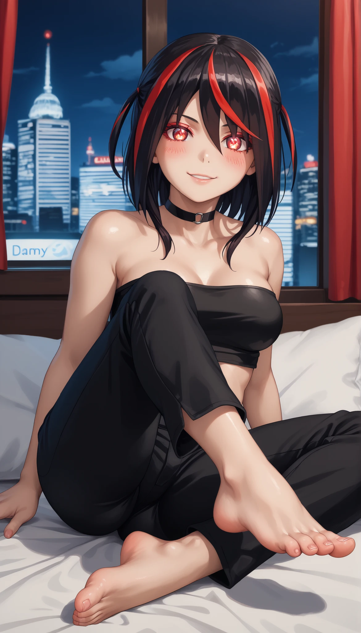 Score_9, Score_8_up, Score_7_up, shiny skin: 0.1, anime_source, deep skin, high quality, high resolution, (curvy), ((wide hips)), (Beautiful medium breasts: 1.2), natural breasts, cute, sexy, 1 girl, BREAK HaneruEmi, <lora:HaneruEmiXL:0.8> HaneruEmi, medium hair, black hair, red highlights, red eyeshadow, red eyes, spiky hair, hair between eyes, loose hair,
black tube top, choker, black leather pants, pants with red stripes on the sides, barefoot, abdomen, butt, soles, no shoes, toes, shiny skin, focus on feet, city background, blushing, soles, focus on feet, skin marks, sitting by the bed, legs spread, grabbing her legs, M,
bedroom, red sheets, pillow, red curtains, widow, night, cityscape, detailed body, detailed eyes, interior, bedroom, in bed, purple sheets, pillow, dark theme, nighttime, dim, (alone, (sexy pose), looking at viewer, detailed eyes, glowing eyes, detailed body, mischievous face, raised eyebrows, :d, deep skin, seductive smile,),